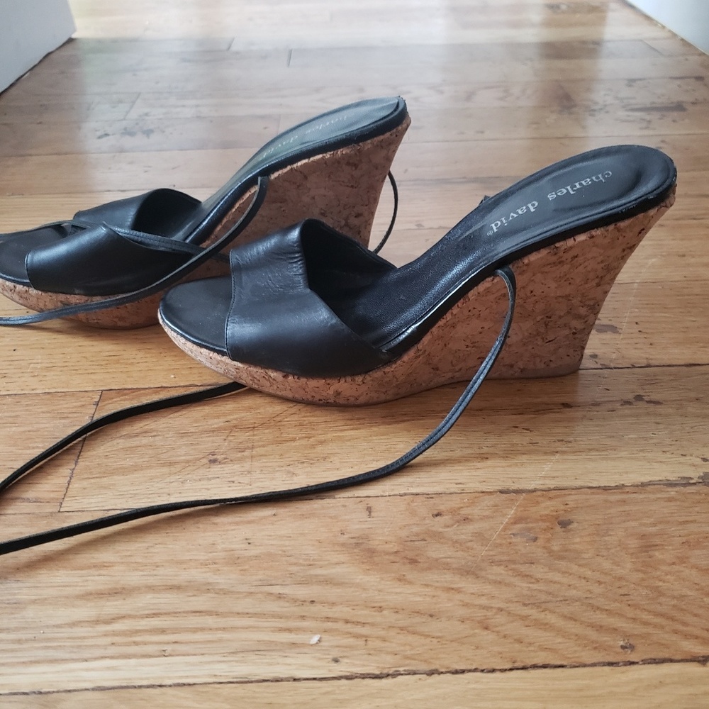 Black leather and cork wedges